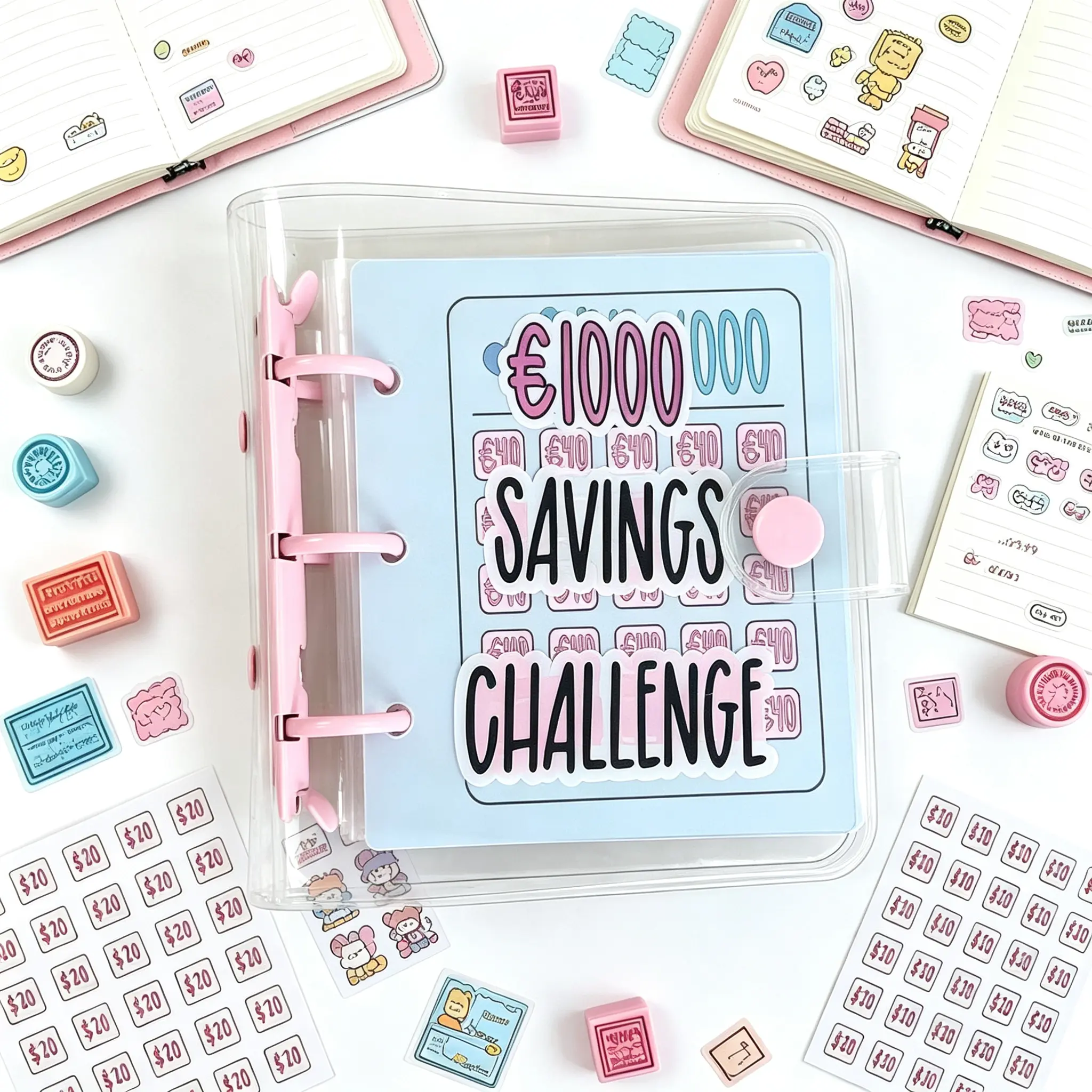 Mini Money Saving Challenge Budget Binder, Portable Clear Loose Leaf Savings Book With Cash Envelopes, 300/500/1000 Dollar Savings Planner, Home & Office Finance Supplies-MM2