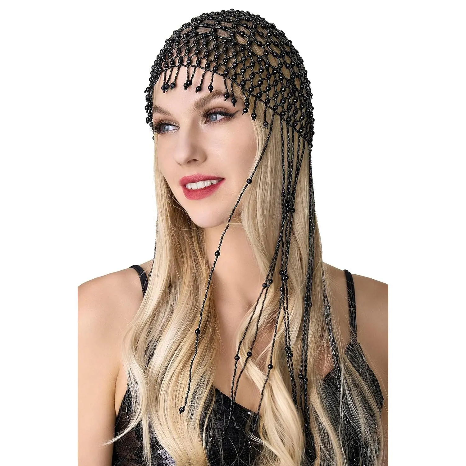 BABEYOND 1920s Pearl Flapper Cap Headpiece Roaring 20s Gatsby Pearl Head Chain