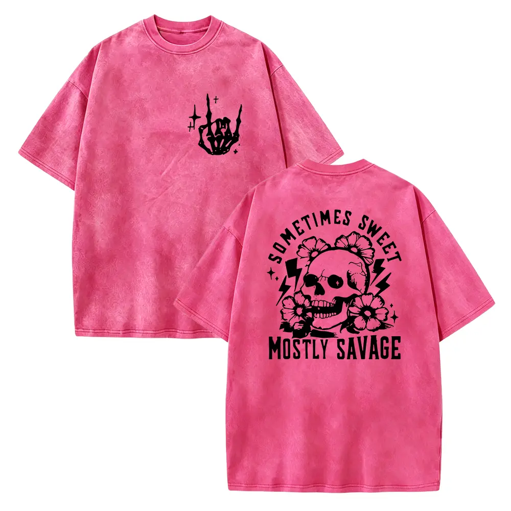 Women's 100% Pink Gothic Tunic T-Shirt - Edgy Skull & Lightning Bolt Graphic with "Sometimes Sweet Mostly Savage" Slogan, Loose Fit Short Sleeve Crew Neck Top for Spring/Summer Casual & Party Wear, Machine Washable