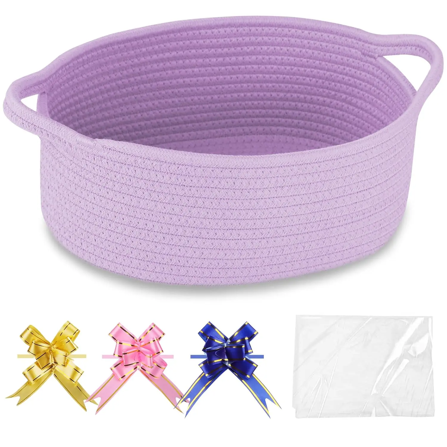 Purple Cotton Rope Woven Storage Basket - 12"x8"x5" Empty Gift Carry Basket with Gift Bags, Ribbons, Handles, for Book Organization, Closet Organization, Beauty Products Storage, Shelf