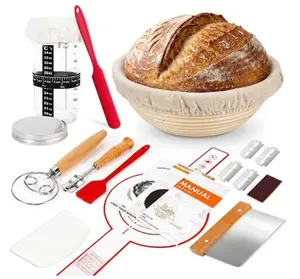 Complete Sourdough Starter Kit, Bread Baking Supplies, 9'' Round Banneton Bread Proofing Basket with Glass Sourdough Starter Jar & Tools, Bakery Accessories for Bread Making Baking Fermentation