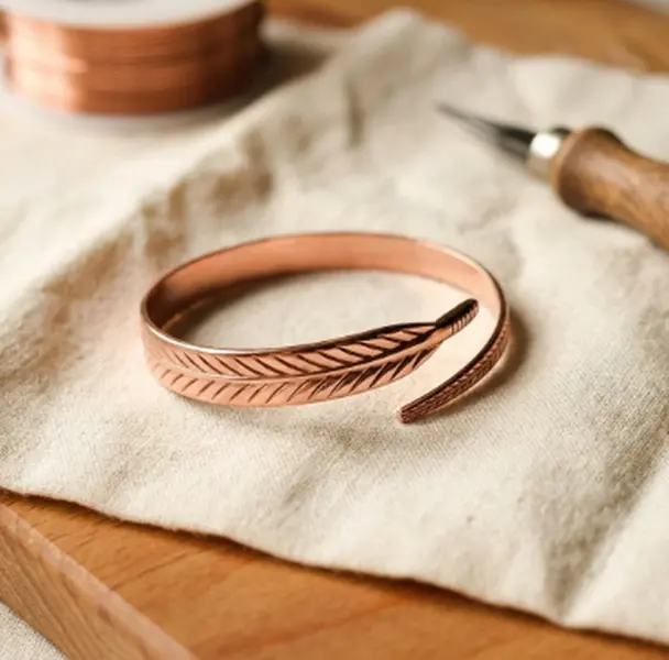 Handmade Copper Bracelet for Men & Women, ,99.9% Pure Copper,Open Cuff Bracelet Adjustable,No-Plating Leaf Design, Raw Solid Uncoated Authentic Handmade