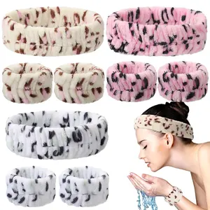 9 Pcs Reusable Spa Headband Wrist Washband Face Wash Set Include 3 Microfiber Headband 6 Wrist Washband for Women Avoid Liquid from Spilling Down Arms(Leopard Pattern)  bow tie band flower