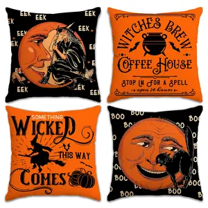 4pcs Halloween Pillow Cover, Witch Moon Black Cat Halloween Night Party Decoration Pillowcase, Bat Pumpkin Single sided Printed Pillow Cover, Creative Decorative Cushion, Suitable for Bedroom, Living Room, Sofa, Bed, Car Decoration Pillow Cover