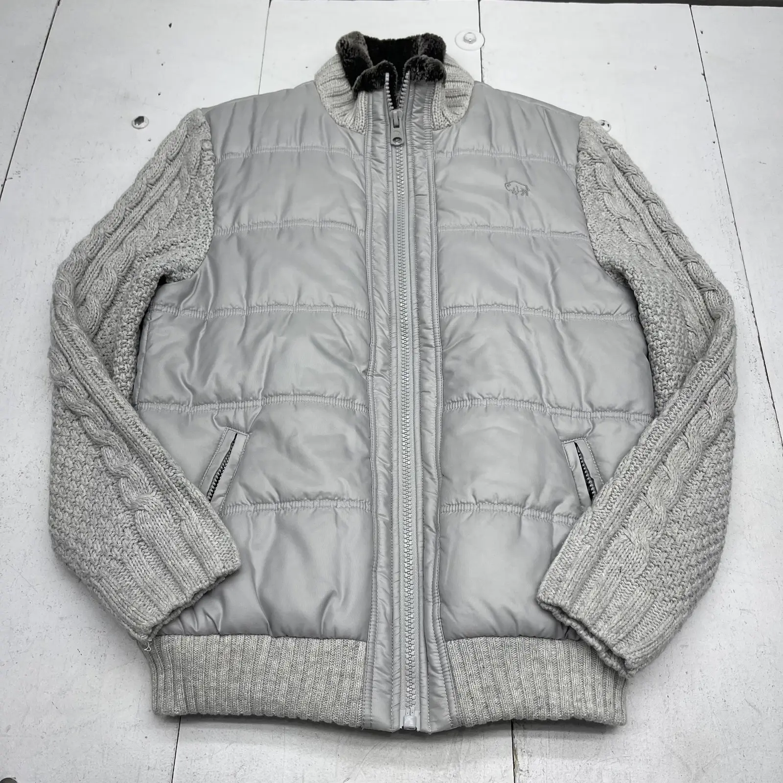 Buffalo David Bitton Jacket Mens Large Gray Hybrid Puffer Knit Sleeves Faux Fur