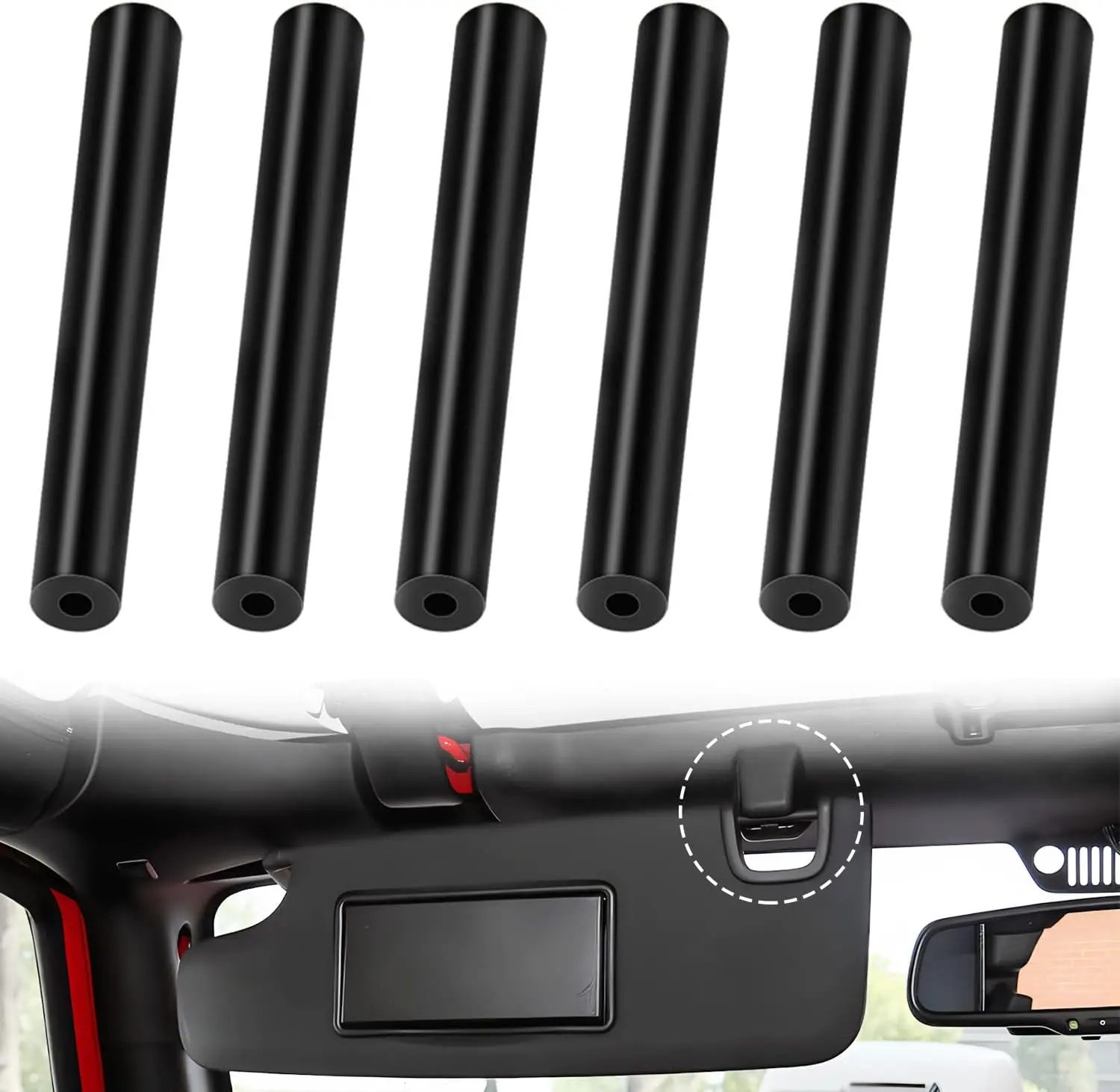 6 Pack Sun Visor Repair Kit, Compatible with -Jeep- Wrangler, JK JKU 2007-2017 Driver & Passenger Side Sunvisor Repair Tube(Black)
