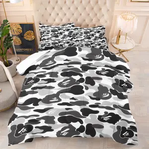 BAPE Classic ABC Camouflage Bedding Set, Black and White Minimalist Design, Trendy Warm Quilted Comforter, Bedroom Atmosphere Artifact—All Seasons Soft Skin-friendly Fabric, 1 Quilt & 1/2 Pillowcase