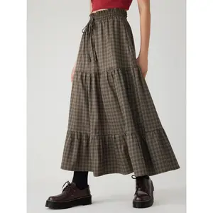 Cider [2 colors, size 0-10] Elastic Waist Check Knotted Tiered Maxi Skirt