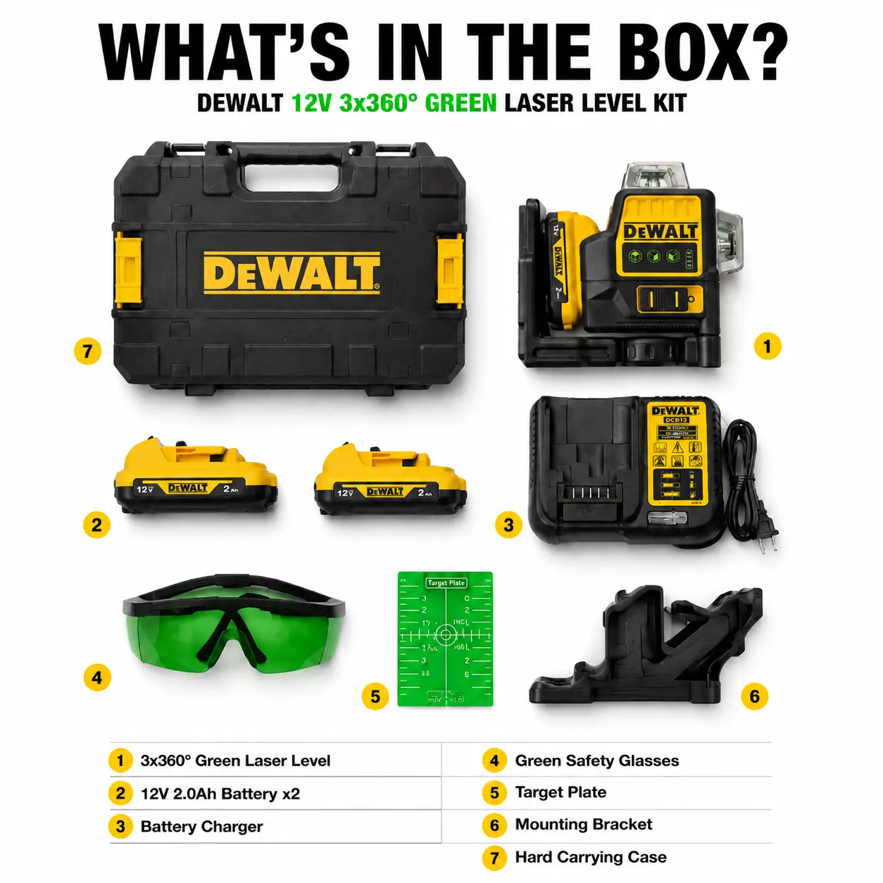 DEWALT DCE089LG 12V Self-Leveling Green Laser Level | 3×360° Line Lasers, 2Ah Battery, Charger, Safety Glasses & Target Plate – Perfect for Drywall & Electrical Construction Work, Complete Hand Tool Kit,durable,mechanical,shock