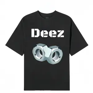 Men's Cotton Short-Sleeve Round Neck Black Vintage "Deez" T-Shirt - Unisex Streetwear Classic Loose Top with 3D Geometric Nut Print, Functional Design for Casual Summer Outdoor Use