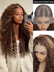 13x6 HD Synthetic Lace Front Wig Heat Resistant Fiber Hair, Piano Brown Color Water Wave Curly Wave Hair Lace Fashion Wig for Men and Women Wear Daily Party Cosplay And Carnival Festival