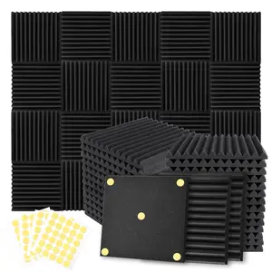 Soundproofing Focusound 12 Grooves 50 Packs Noise Reduction Foam Panels 1" x 12" x 12" with 300PCS Double-Side Adhesive. Noise-Cancelling Foam Panels optimize sound quality for room decoration, ideal for creators, streamers, and gamers. Room Accessories.