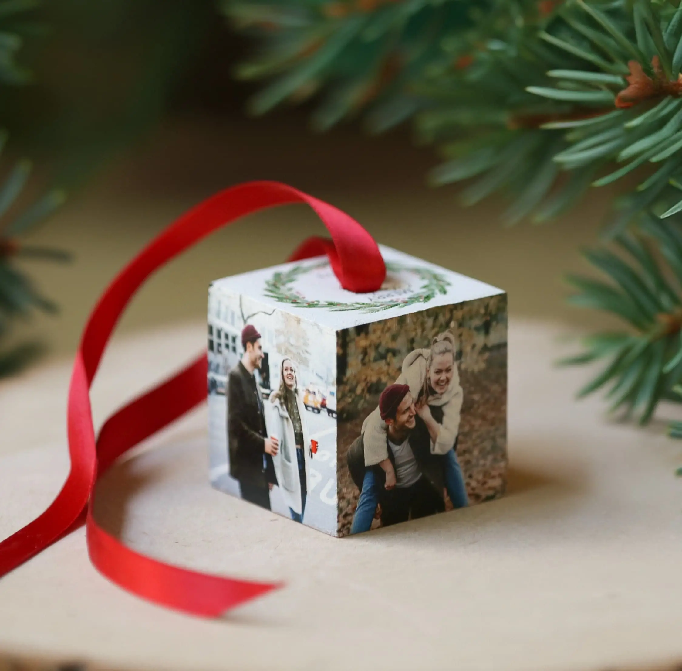 personalized Christmas ornament, customized photo gift, family name on ornament, holiday keepsake, tree decoration, wood ornament, 4 photos