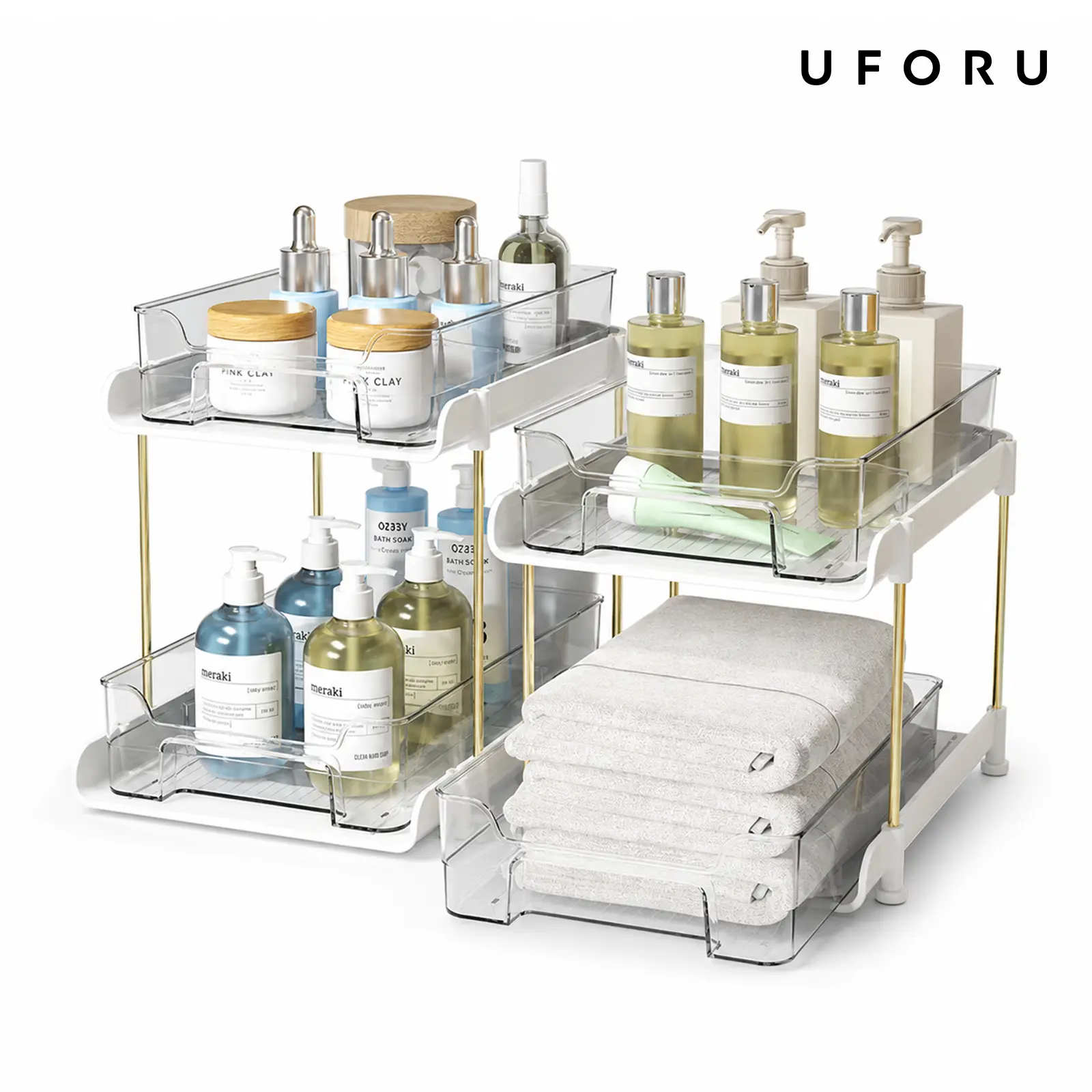 UFORU Two-Tier Multifunctional Under-Cabinet Bathroom Storage Rack, Stackable Kitchen Organizer System with Adjustable Dividers & Pull-Out Medicine Box for Efficient Bathroom Supplies Storage