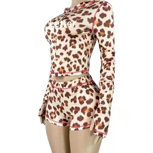 Women's Leopard Print 2 Piece Set - Long Sleeve Zipper Top and Matching Leggings - Y2K Style