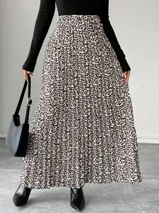 Spring Summer Fall Sexy Leopard Pleated High Waist Long Skirt, Retro Style, All over Print, Fitted a Line, Casual & Party Wear