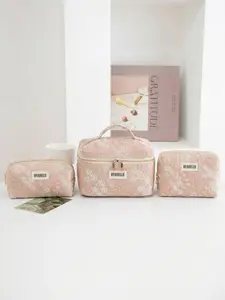 1pcs/3pcs Floral embroidered cosmetic bag, bohemian style travel bag, holiday casual beach bag, floral and plant pattern zipper portable travel toiletry bag, linen patchwork mesh clutch, portable storage bag, travel essential, back-to-school supplies, sof