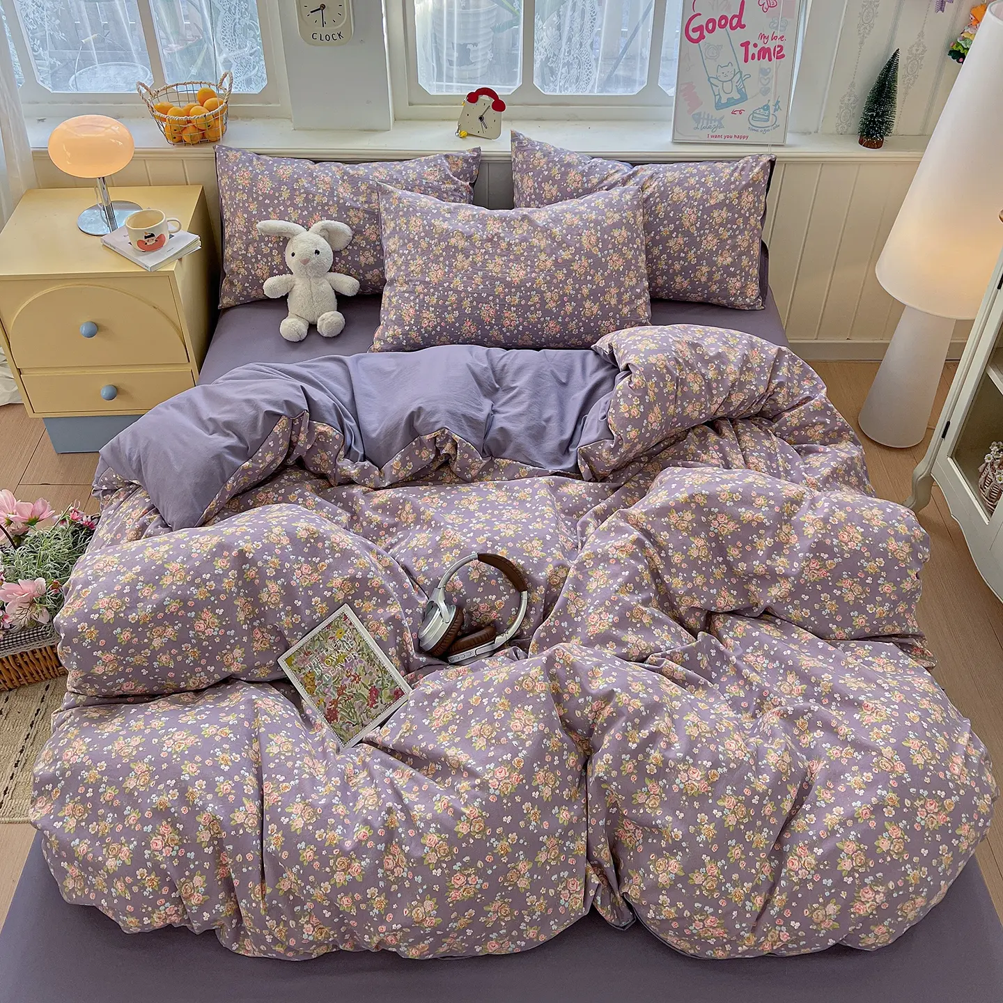 4pcs Cotton Washed Rose Print Bedding Set, Decorative Bedding Set, Decorative Bedsheet Sets, Soft breathable, machine washable, ideal for bedrooms, guest rooms, Includes 1 duvet cover + 1 flat sheet + 2 pillowcases (no core)