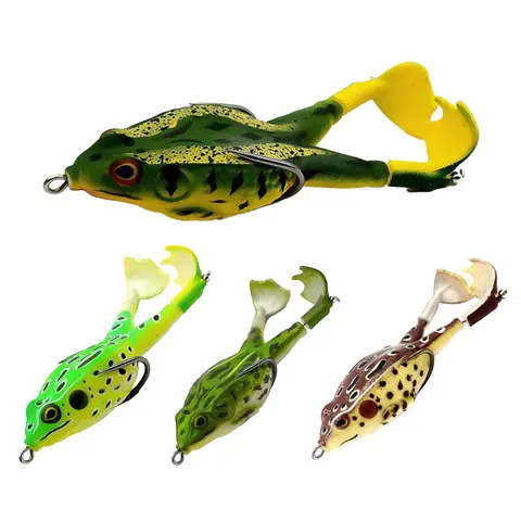 4pcs Vibrant Topwater Frog Fishing Lures Kit - Silicone Floating Plastic Bait, Double 360° Rotatable Feet, Lead-Free PVC Hollow, Realistic Eyes, 3.5in/13g Multi-Jointed Tackle, Rugged Penetrating Double Barbed Hook for Bass Spin Casting, Freshwater Fish