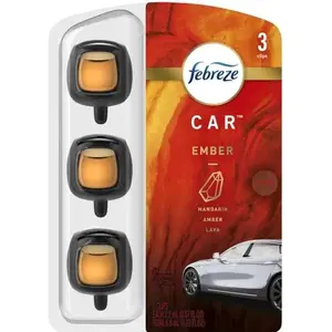 Febreze Car Air Freshener Set of 3 Clips Ember 0.7 Fl oz Up to 40 Days Steady Release Technology Mandarain Amber Lava Scent