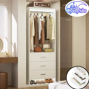 Freestanding 2FT Closet System with 3 Drawers, 24’’ Closet Organizer, Wood Closet Organizer System, Walk-in Closet or Small Closets Wardrobe, Clothes Rack with Hanging Rods