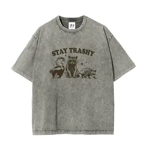Vintage Acid Washed Oversized T-Shirt, Funny Stay Trashy Raccoon Graphic Tee, Unisex Heavyweight Cotton Streetwear, Retro Trash Panda Summer Loose Top