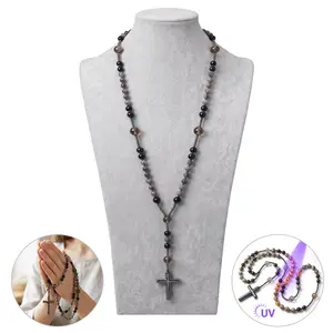 Natural Rosary Necklace with Hematite Cross Pendant, UV Glow Reactive Stone Beads, Obsidian Protection Necklace for Women Men, Meaningful Gift
