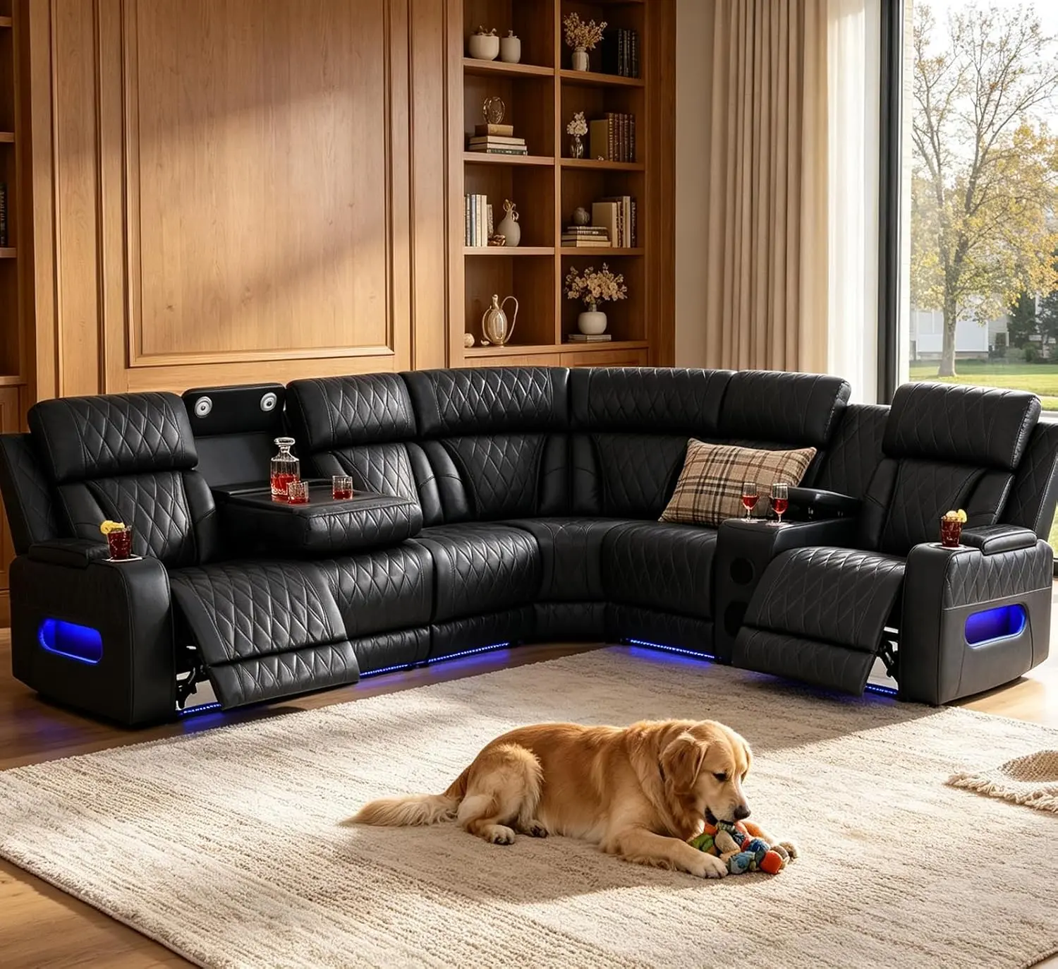 Power Reclining Sectional Sofa with Speakers & USB Charging Port | L-Shaped Leather Recliner Sofa, Storage Console & Cup Holders, Recliner Sectional Couch for Living Room, Home Theater Seating