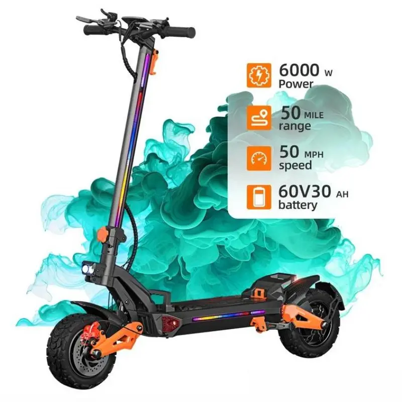 H9 Adult Electric Scooter, 6000W (3000W*2) Power, 60V30Ah Battery, 55Miles (80KM) Range, 50MPH Speed, Foldable, 11-inch Off-road Tires, Dual Disc Brakes