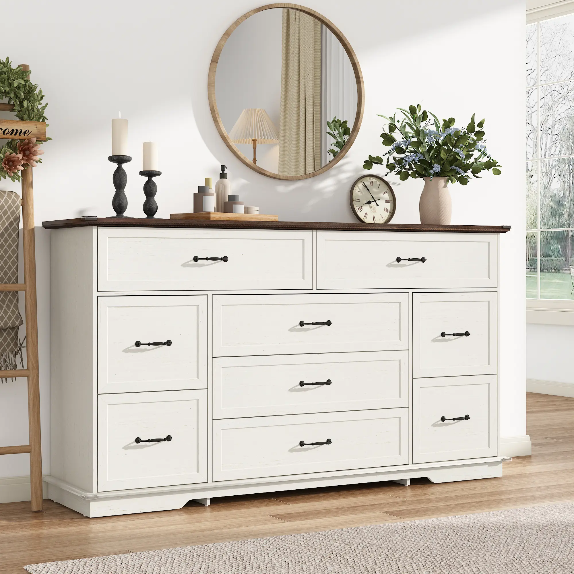 63" Farmhouse Wood 9-Drawer Dresser - Floor Standing Cupboard Furniture with Power Charging Station (2 Standard Plug Outlets, 2 USB Ports), Side Cabinet Drawers, Vintage Home Decor for Bedroom Organization, Drawer Storage Cabinet