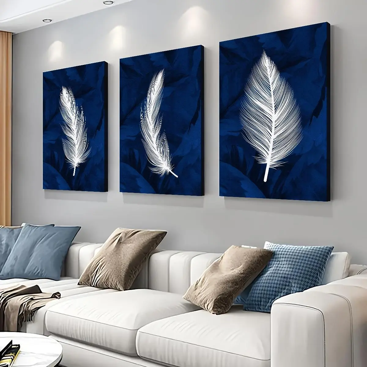 3pcs Pine Wood Framed Navy Blue 2D Feather Art Prints - 8"x12", 16"x24" Sizes, Waterproof, UV-Resistant, Eco-Friendly, Non-Toxic Wall Hangings, Artistic Bathroom Wall Art for Living Room Decoration Gift