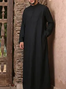 Muslim Men's Modesty Thobe, Solid Embroidered Stand Collar Design, Islamic Arabic Style, Perfect for Prayer, Festivals, Parties, Ramadan Gifts