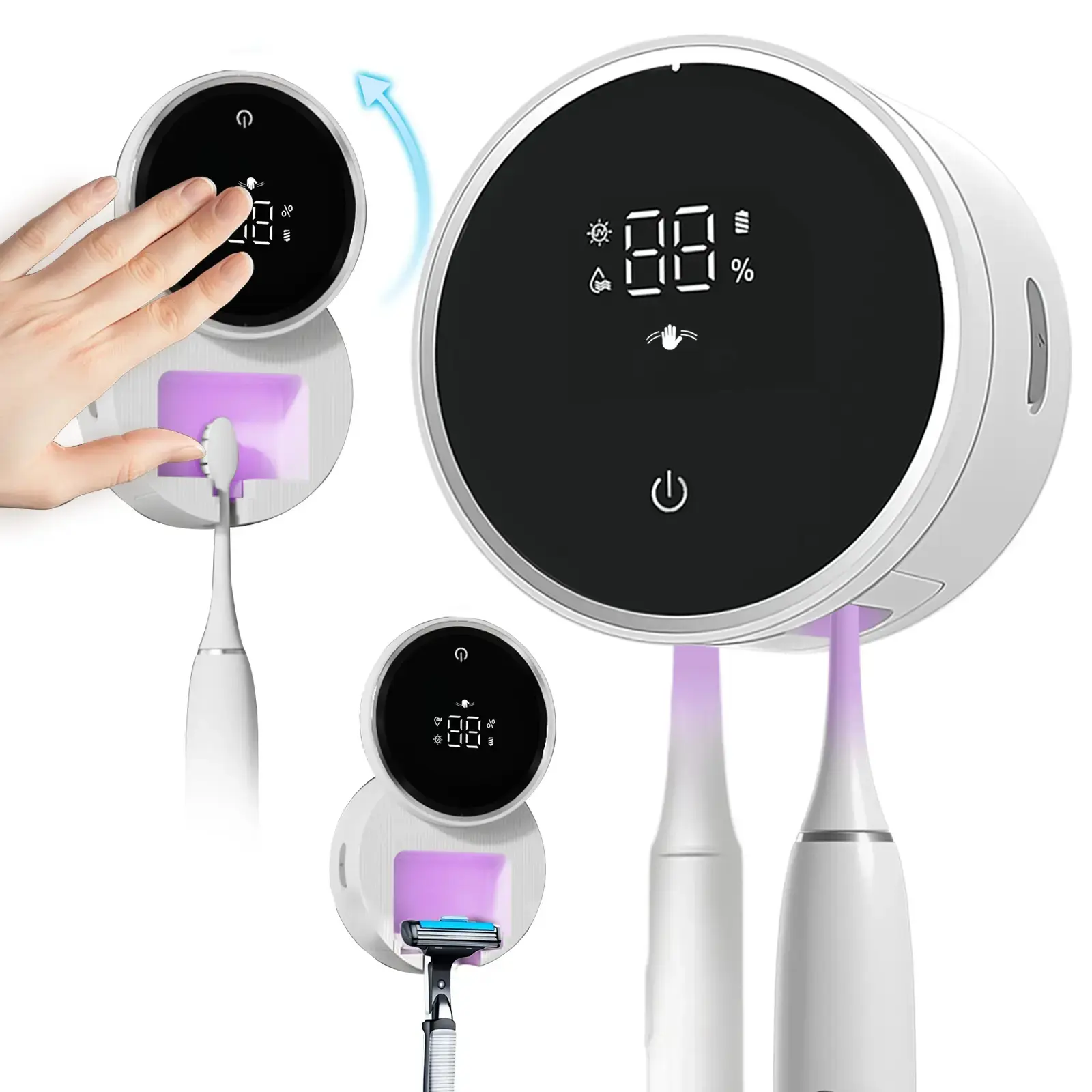 3-in-1 Smart Toothbrush Cleaner with LED Display, UV-C Light, Auto Sensor Open Cover, Rechargeable Wall-Mounted Holder, Clean and Dry for Home and Travel, for Electric Toothbrush and Oral Care