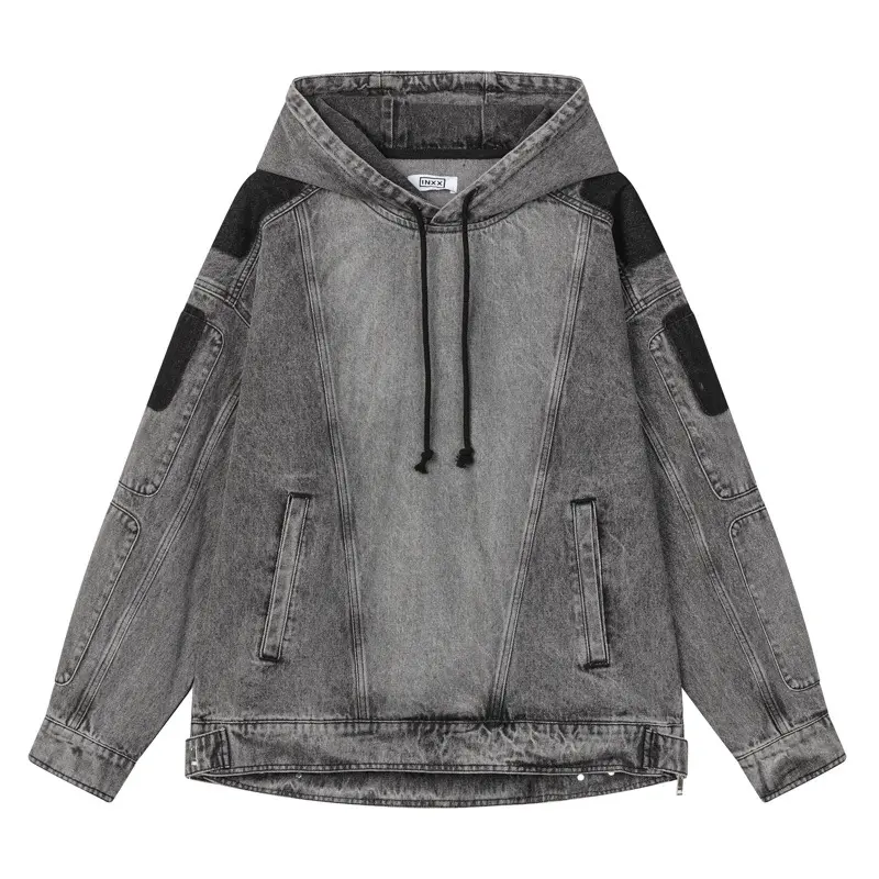 Men's Vintage Washed Cotton Patchwork Denim Hooded Jacket - Menswear Long Sleeve Casual Tops, American Retro Distressed Biker Sweatshirt Coat, Designer Streetwear Outerwear for Spring Autumn Daily Wear