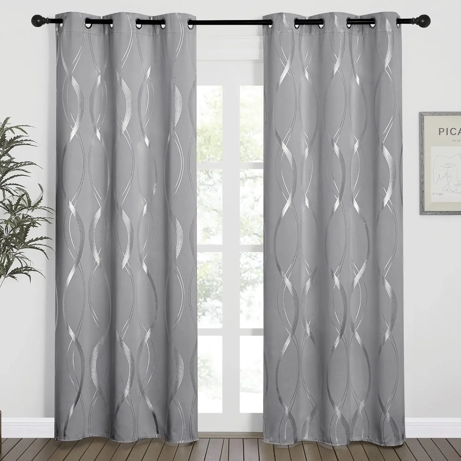 NICETOWN Blackout Curtains, Microfiber Noise Reducing Thermal Insulated Wave Line Foil Print Design Blackout Curtains for Patio Sliding Glass Door