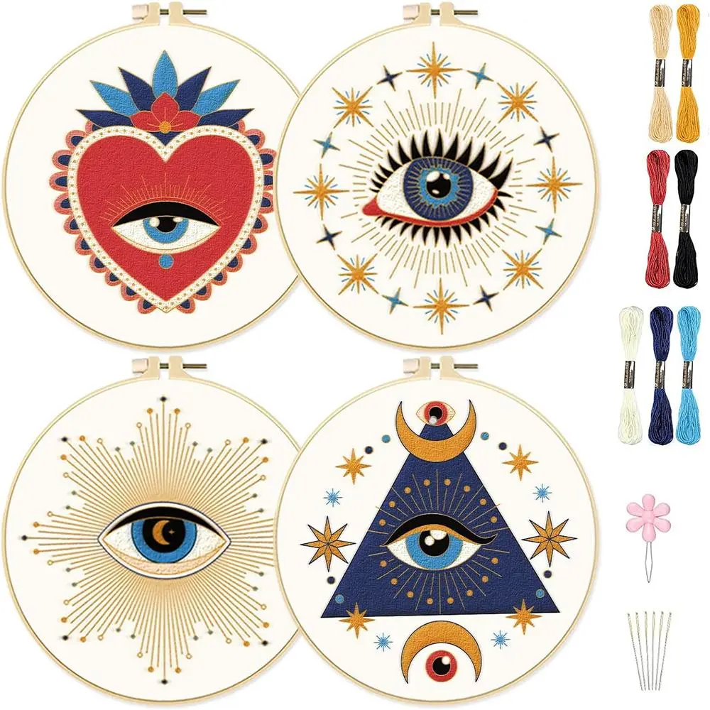 Evil Eye Pattern Embroidery Starter Kit for Embroidery Cloth, Embroidery Hoop Set, Embroidery Floss Set, Diy Cross Stitch Embroidery Set, Embroidery Design Set, Handmade Gifts, Embroidery Craft, Handicraft