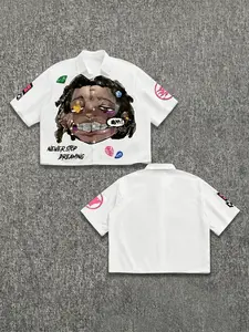 Men’s White “Never Stop Dreaming” Cartoon Portrait Cuban Collar Shirt, Oversized Streetwear Short Sleeve Button-Up with colorful gem details & “Happy” graphic, cropped fit, perfect for casual outings, hip-hop style, and everyday streetwear with a bold,