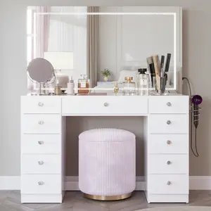 Chloe Mirror Vanity High-Gloss White Symmetrical Double-Pedestal with LED Lighting 11 Drawers Bluetooth Speakers & USB Charging Station