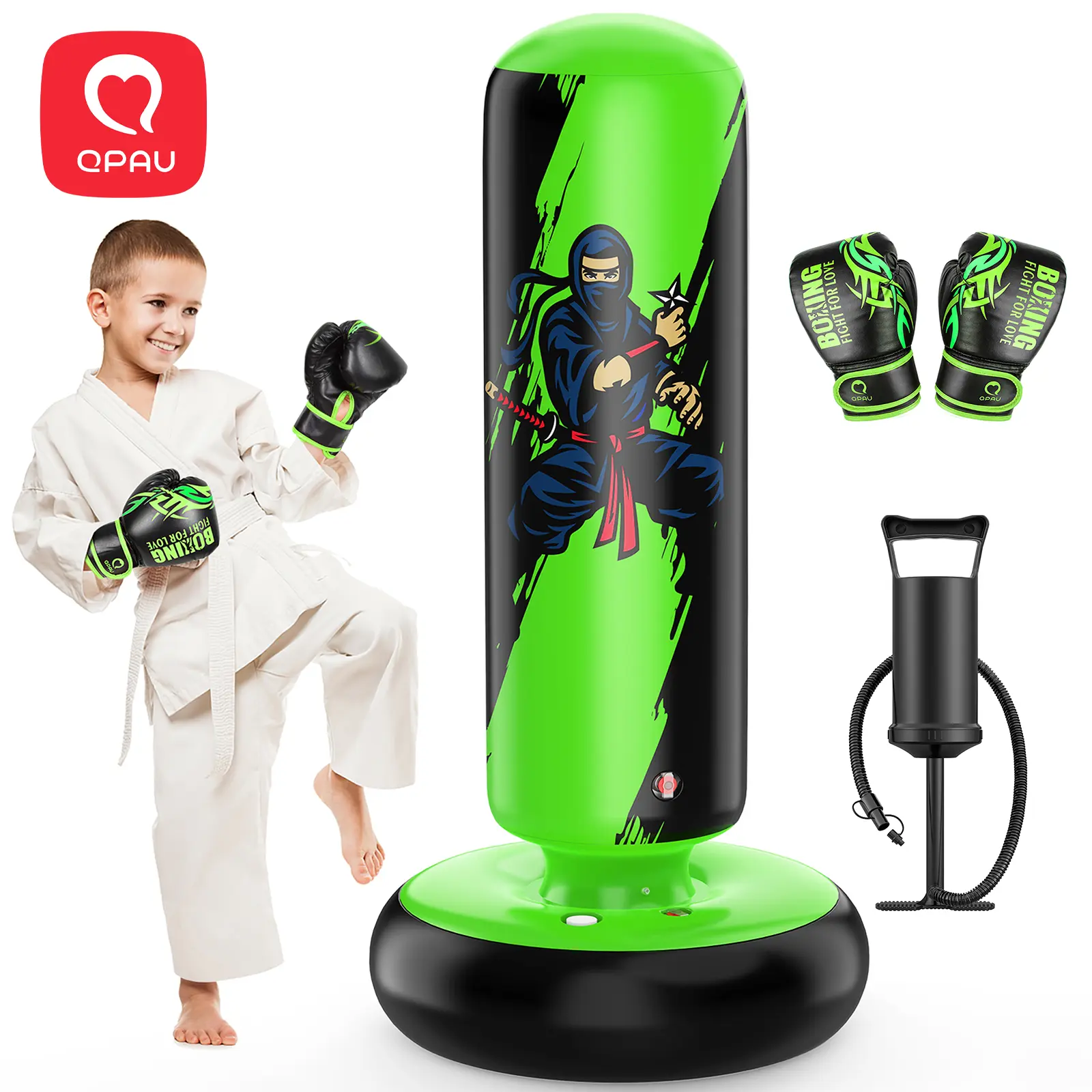 QPAU Kids' Boxing Bag with Gloves 66-Inch PVC Inflatable Set, for Ages 5-12 Boys & Girls, Indoor/Outdoor Karate Kickboxing MMA Practice Set Martial Arts Training homeessentials, back to school