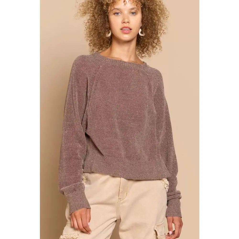 POL Round Neck Backless Sweater with Ribbed Edge