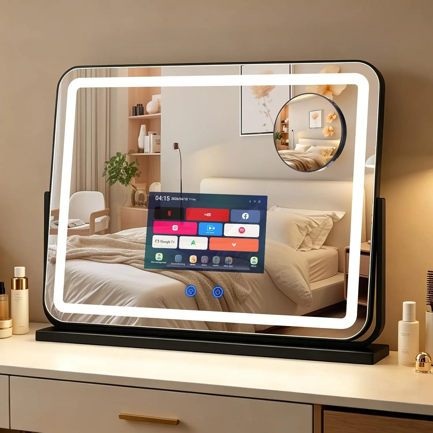 Vanity Mirror with 10.1" Touch Screen Black, 24"×20" Makeup Mirror with Lights & TV, Display Mirror with Android OS, Wifi/Bluetooth/Usb, 3-Color LED Lights, for Vanity Desk,Bedroom Black YOURYOKE