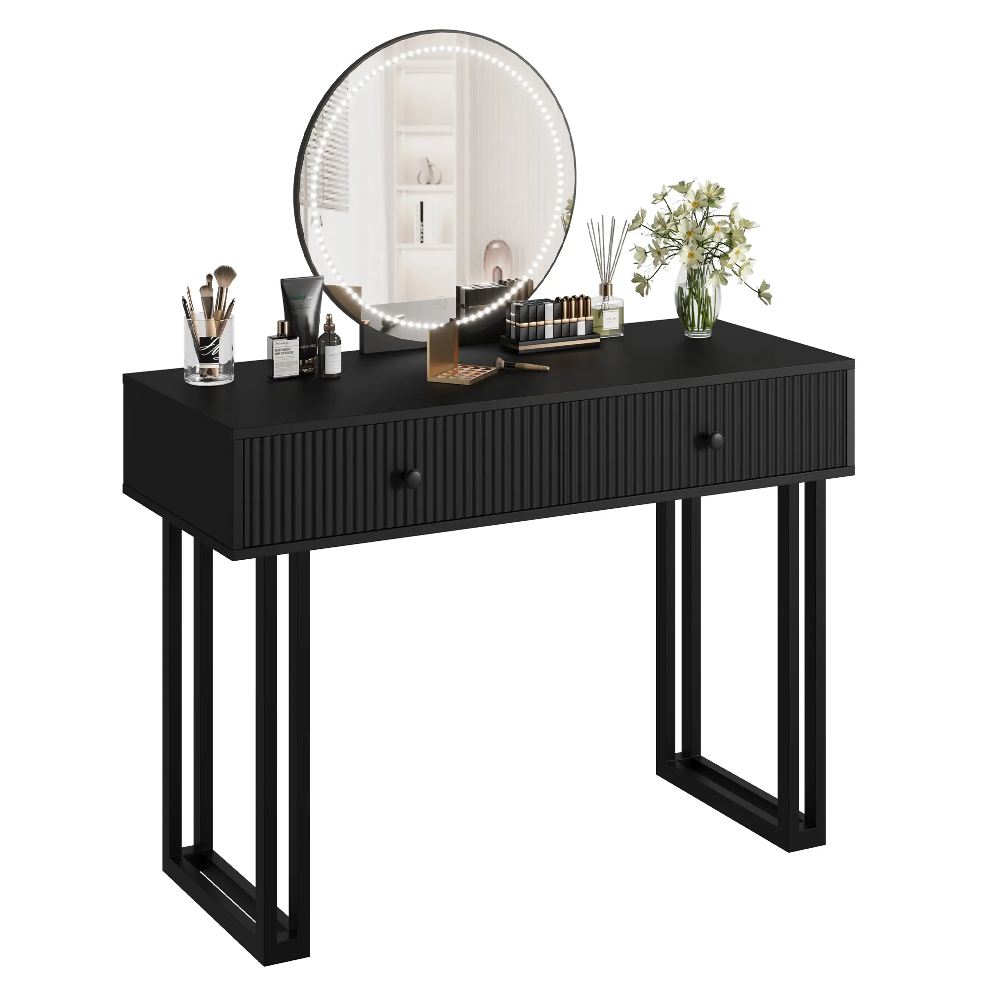 LED Vanity Table Makeup Vanity Set - Compact Particle Board Desk with Sturdy Metal Frame, HD Illuminated Round Mirror, 2 Spacious Drawers, 3 Adjustable Light Colors & Brightness, Natural White Clarity, Ideal for Bedroom, Dorm, Room Decor (Black/White)