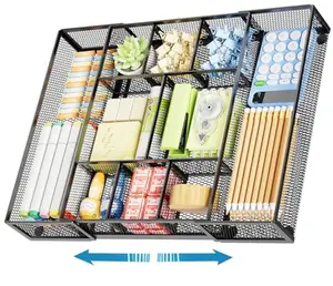 Expandable Desk Drawer Organizer, Mesh Drawer Organizer Tray with 10 Adjustable Compartments, Desk Organizers and Accessories, 5 Dividers Drawer for Office Supplies, Makeup & Vanity, Black