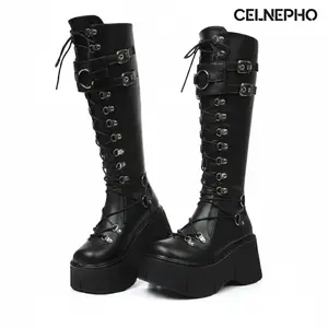 CELNEPHO Womens Platform Knee High Boots Round Toe Chunky High Heel Lace up Design Back Zipper Closure Metalic Buckle Easy Pull on Goth Boot Combat Platform Booties Everyday Wear Motorcycle Punk Boots Cosplay Music Festival Fashion Summer Dress Shoes