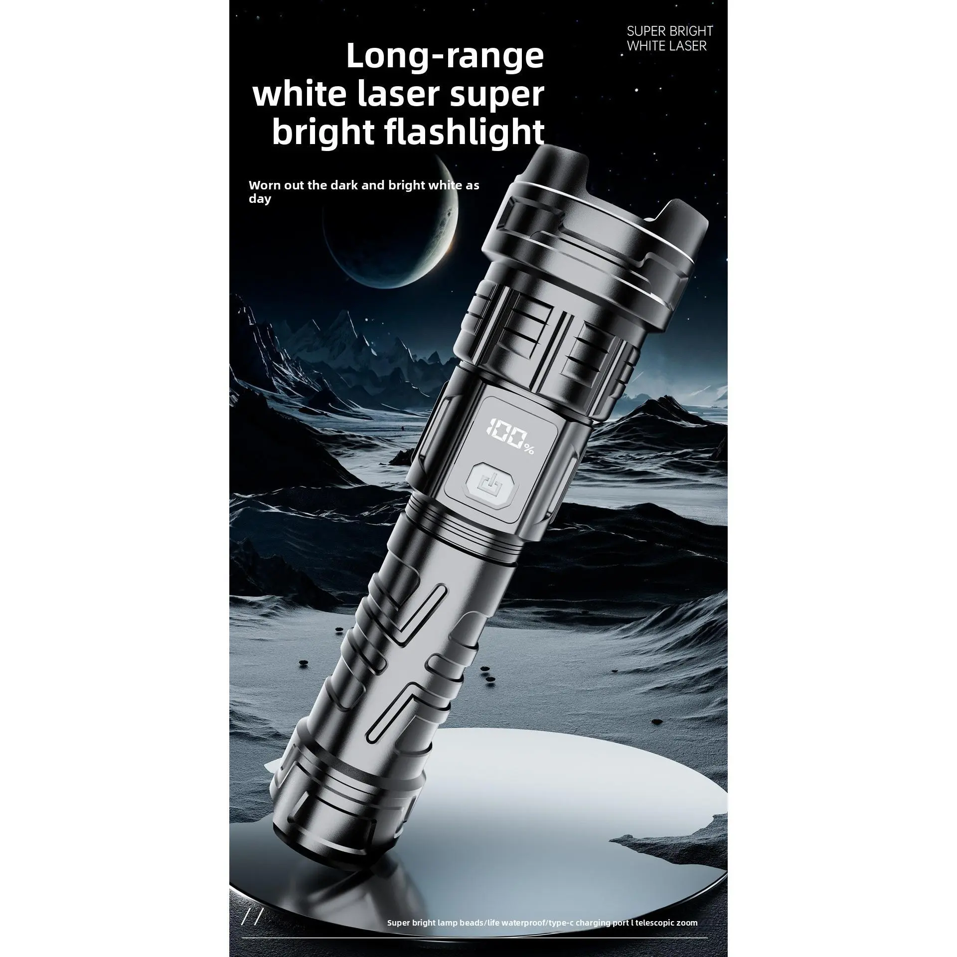 Luminous Laser Flashlight with Telescopic Focus, Ergonomic Design with 3 Adjustable Modes and Digital Power Display for Camping & Emergency Use, Adults