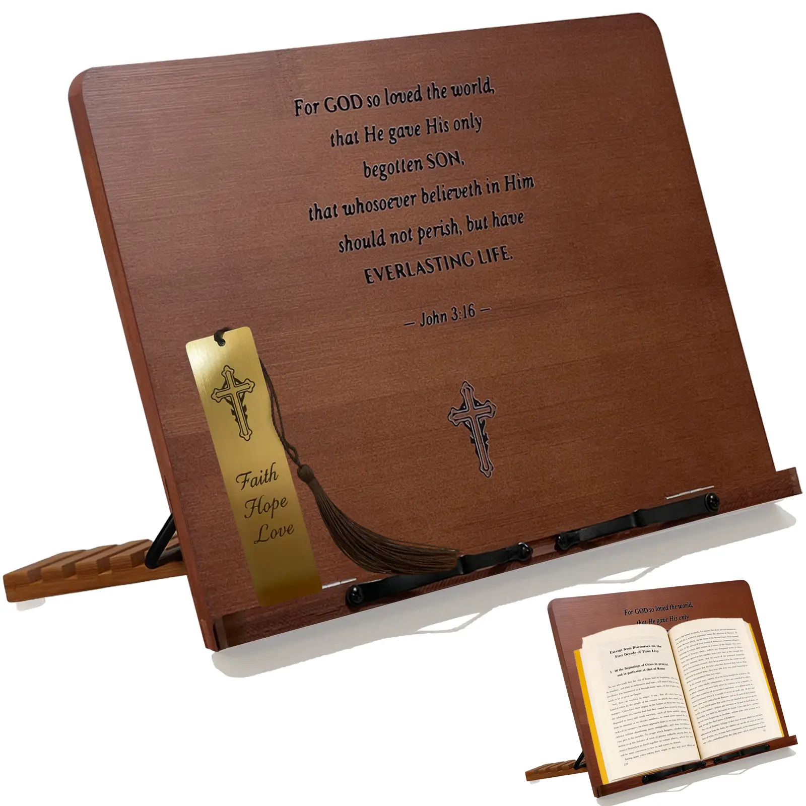 Large Bible Stand Holder,  Christian Gifts for Women Men Faith, Spiritual Gifts Decor - Adjustable Wooden Book Stand for Reading Hands Free, Cookbook Stand with Sturdy Page Clips