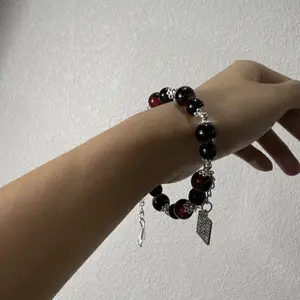 Red and Black Beaded Bracelet with Butterfly & Crystal Charms