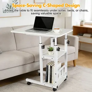 Mobile Rolling Side Table with Wheels, Adjustable Height Rolling Desk, C-Shaped Portable Desk on Wheels, End Table for Couch, 3-Tier Desk with Storage Shelves