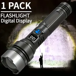 Rechargeable Super Bright LED Flashlight with Digital Display Adjustable Zoom Type-C Charging IP65 Durable Camping Emergency Light for Outdoor Activities