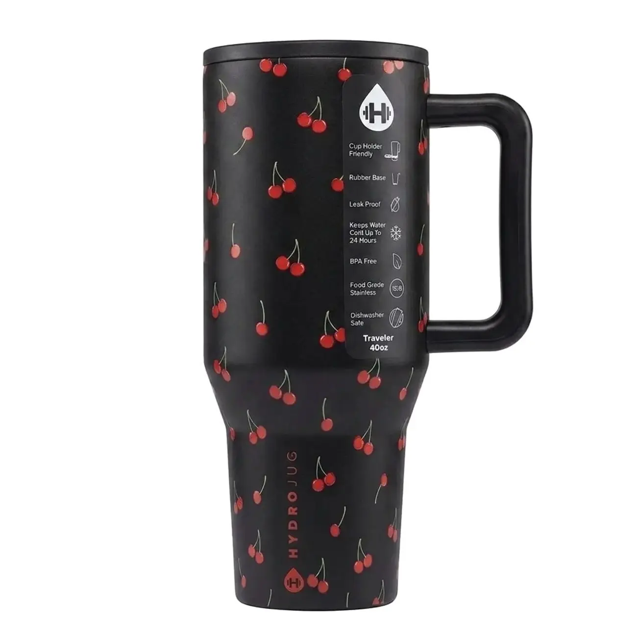 HydroJug Print Midnight Cherries 40 Oz Traveler, Leak-Proof Insulated Tumbler with Flip Straw & Cup Holder Fit Flasks Lid Drinkware Leakproof Tumbler